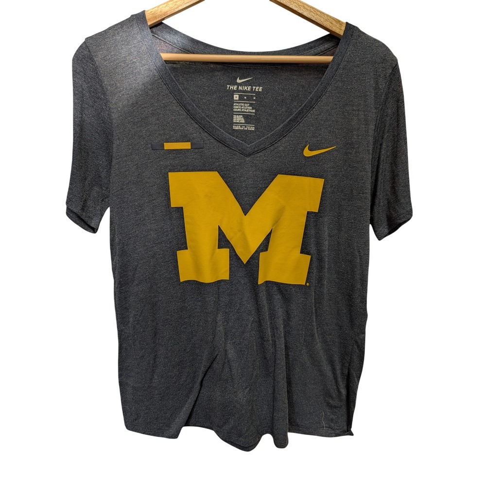Nike T-Shirt Women Medium Gray Excellent Michigan Wolverines V-Neck Tri-Blend
